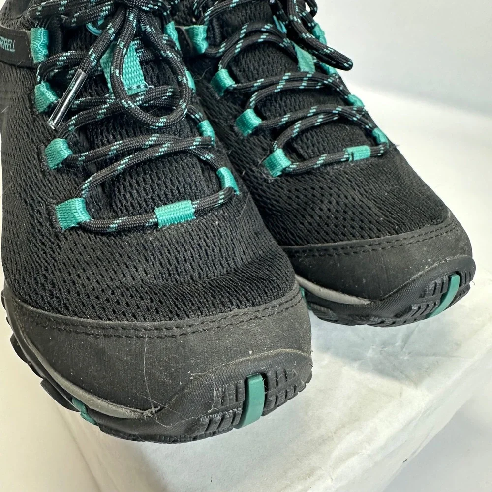 Merrell Mens Black Teal Mesh Low Top Hiking Trail Shoes Sneakers